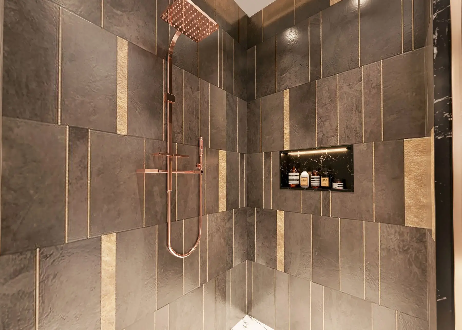 A finished shower installation with copper fittings